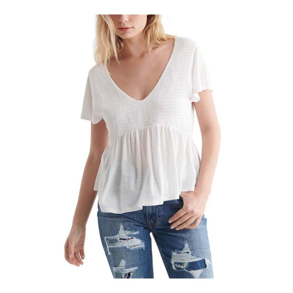 LUCKY BRAND Womens White Smocked Flutter Sleeve V Neck Baby Doll Top S